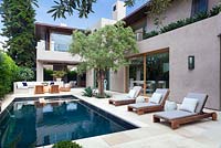 Vue sur la piscine moderne avec des chaises longues et un olivier mature.