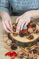 Création d'une décoration de table festive avec des fruits secs, des noix, des graines, des baies fraîchement cueillies et des piments. Collez des bâtons de cannelle sur des tranches de citron séchées.