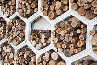 Structure en bois hexagonale remplie de rondins et de bois pour les abeilles solitaires - The Bees Knees à l'appui de The Bumblebee Conservation Trust - argent doré, conçu par Martyn Wilson - Malvern Spring Festival 2015