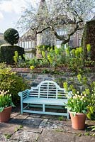 Terrasse inférieure avec banc encadré par des pots de tulipe 'Ivory Floradale' et des euphorbes vert lime. Little Malvern Court, Worcestershire, Royaume-Uni