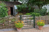 Le potager avec portail métallique, clôture noisetier tissée, soucis en pots et bordures végétales surélevées en planches de bois