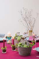 Set de table avec plantes succulentes dans des pots en métal et des bougies rouges montées en mousse