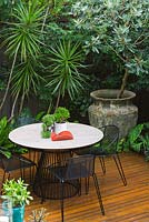 Jardin de la cour moderne avec coin repas, montrant un grand pot 'Atlantis' avec Magnolia grandiflora, Dracaena marginata à gauche et un petit pot blanc sur la table contient Crassula ovata 'Gollum' et rhipsalis. Table et chaises de 'Made by Tait '.
