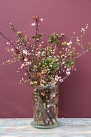 Pot en verre contenant des fleurs de printemps de cerise, de sambucus et d'aubépine