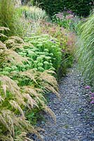 Un chemin en ardoise serpente entre des touffes d'herbes hautes, de verveines et de sedums dans le Barn Garden. Le Bay Garden, Camolin, Co Wexford, Irlande