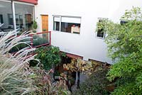 Vue vers le bas dans le jardin de la cour intérieure depuis la hauteur du toit. Balcon avec porte vitrée et barrière, trachelospermum, miscanthus, bambou et une figue en pot au niveau du sol.