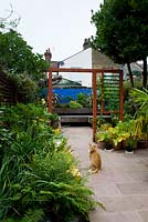 Vue sur jardin avec plantation de feuillage vert, aménagement paysager dur, séparateur de pièce en bois, mur peint en bleu et banc de dormeur en bois Ginger cat