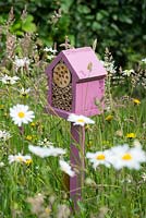 Boîte à insectes située dans une petite zone de fleurs sauvages du jardin, visant à attirer les abeilles maçonnes rouges pollinisatrices.