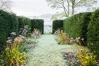 Une porte blanche mène de Hardwicke au jardin plus large de champs et de vergers, encadré par le feuillage jaune vif de l'agapanthe épuisé.