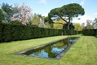 Étang long et étroit avec fontaine d'eau sculptée - Dunsborough Park Gardens, Ripley, Surrey