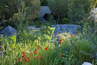 Jardin de la Banque Royale du Canada - Vue du jardin avec plantation de Hordeum vulgare, Lupinus pilosus et papaver rhoeas et éléments sculpturaux à multiples facettes. The RHS Chelsea Flower Show 2016, concepteur: Hugo Bugg, commanditaire: Banque Royale du Canada