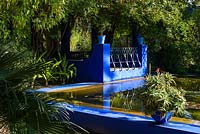 Surplombant l'étang aux nénuphars du Jardin Majorelle. Créé par Jacques Majorelle et développé par Yves Saint Laurent et Pierre Bergé, Marrakech, Maroc