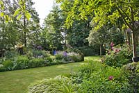 Le parterre d'été comprend Salvia x sylvestris 'Dear Anja', Delphinium Belladonna-Hybride 'Piccolo', Rosa 'Rhapsody In Blue', Geranium riversleaianum 'Russel Prichard', Hakonechloa macra 'Aureola '. Sarina Meijer garden