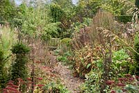 Un chemin de gravier mène entre une paire de parterres plantés de Sedum 'Herbstfreude', de persicaria, d'asters et de nombreuses autres plantes herbacées vivaces et graminées.