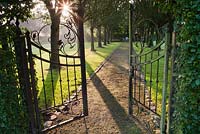 Entrée au jardin avec portail ouvert en fer forgé. Avenue des cerisiers ornementaux. Jardin Yvan et Gert en Belgique.