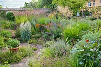 Parterres d'été dans un jardin en contrebas avec une urne centrale en terre cuite: Lysimachia ephemerum, Helenium 'Waltraut', Achillea filipendulina 'Gold Plate', Salvia candelabrum, Miscanthus sinensis 'Malepartus', Stipa gigantea, Panicum virgatum 'Rehbraun', Salvia curviflora