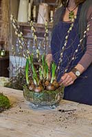 Ajouter le Salix caprea et les brindilles de bouleau dans le bol en verre