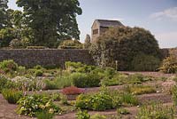 Le jardin de pépinière avec des rangées de plantes poussant à vendre - juin, Herterton House, Hartington, Northumberland, UK