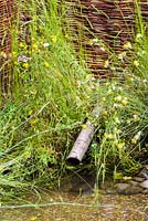 Prairie de fleurs sauvages et pipe à eau en bambou dans Legacy Garden, BBC Gardeners World Live 2016, designer Andy Tudbury. RHS Flower Show Birmingham