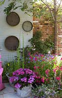 Vieux tamis de jardin sur le mur avec des pots d'hortensia et de prêle roseau