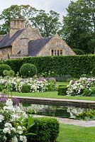 Un jardin formel avec une piscine et une fontaine réfléchissantes entre des plates-bandes bordées de plantes plantées de Rosa 'White Flower Carpet' et de feuilles persistantes de Prunus lucitanica.