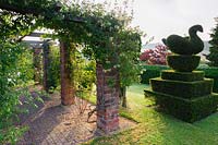 Le jardin topiaire présente des ifs coupés en paons et cygnes, ici à côté d'une pergola drapée de roses, de chèvrefeuille et de clématites. Felley Priory, Underwood, Notts, Royaume-Uni
