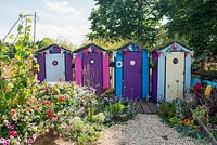 Cabines de plage colorées avec des toits verts de fleurs sauvages, bateau planté de pétunias et de haricots verts poussant sur un cadre de voile - Fun on Sea, RHS Hampton Court Palace Flower Show 2017