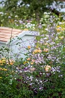 Hampton Court Flower Show, 2017. Jardin «Tout est une question de communauté», des. Andrew Fisher Tomlin et Dan Bowyer. Ruche et Thalictrum delavayi