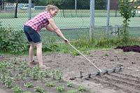 Jessica Zwartjes prépare le sol pour la plantation de jeunes plants.