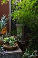 Détail d'angle d'un parterre de jardin surélevé en tôle ondulée avec une succulente dans un pot en terre cuite en forme de plat et une boîte en bois recyclé avec un miroir et un écran vert de bambou.