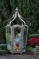 Pays des merveilles d'hiver miniatures à l'intérieur de la lanterne vintage avec des fougères