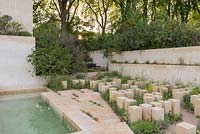 Blocs de calcaire maltais et plantation méditerranéenne avec Euphorbia spinosa - Le jardin M et G - RHS Chelsea Flower Show 2017 - Designer: James Basson, sponsor des investissements M et G