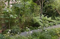 Dallage en treillis métallique dans un jardin ombragé tout vert avec des bambous et des fougères - juin