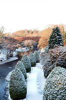 Jardins de Brig O 'Doon House Hotel avec ligne d'arbres Leylandii coupés, Burns National Heritage Park, Alloway, Ayr, Ecosse, janvier.
