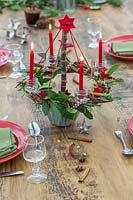 Bougeoir de l'Avent sur le thème rouge avec des bougies allumées comme pièce maîtresse dans un cadre de table