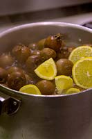 Faire de la gelée de néflier - faire bouillir des nèfles avec de l'eau et des citrons - Mespilus germanica 'Nottingham'