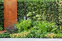 Un parterre de fleurs mélangé de vivaces, d'arbustes et de fougères avec une caractéristique en acier rouillé. Angelica archangelica, Iris sibirica 'Perry's Blue.