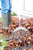 Ratisser les feuilles d'automne du seuil pour faire du compost