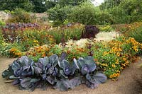 Jardin clos de Cambo, Fife, Scotland, UK légumes, fleurs, automne, potager ornemental, murs du verger, chemins