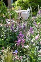 Jardin vivace dans des tons de couleur rose / blanc / bleu