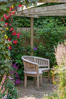 18 Queens Gate, Bristol, Royaume-Uni (Sheila White) petit jardin de ville en été. banc en pergola