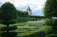 Château Villandry, vallée de la Loire, France, boîte de couverture et d'if topiaire dans le célèbre jardin parterre, avec Perovskia ou Purple Russian Sage
