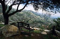 Mount Calvery Santa Barbara California banc sous chêne ombragé avec vue sur les collines environnantes