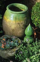 Large St Hampshire urne vitrée rustique et fleuron avec Echivera dans un mortier