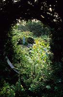 Tilford Cottage Surrey Vue du jardin d'herbes à travers la fenêtre circulaire dans les toiles d'araignées de tournesols de haies d'if