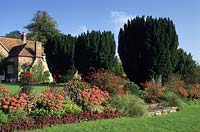 Jardin privé Sussex fastigiate if Taxus baccata Fastigata le long du chemin par rouge fin de parterre de fleurs