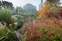 Marchants Sussex début de l'automne automne parterres de plantes vivaces graminées ornementales septembre brume brumeuse matin jardin combinaison de plantes