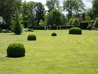 De grandes boules de Buxus sempervirens de différentes tailles sont placées sur la pelouse formelle pour ajouter de l'intérêt et de la forme.