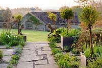 Terrasse à côté de la maison pleine de myosotis, de tulipes blanches, d'herbes, de boîtes coupées et de roses standard. Ferme Brilley Court, Whitney-on-Wye, Herefordshire