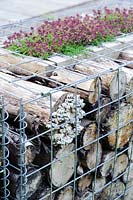 Un muret et planteur d'herbes, fabriqué à partir de gabions remplis de billes, Lower Treculliacks Farm, Falmouth, Cornwall, UK.